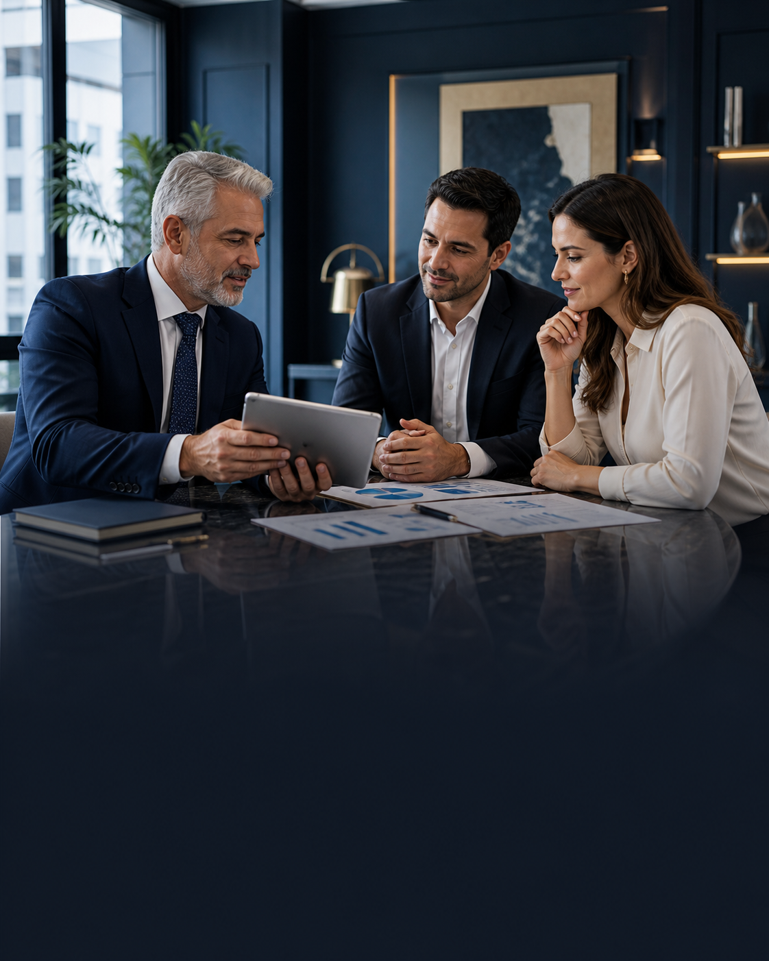 Consultor financeiro orientando empresários sobre investimentos e produtos financeiros