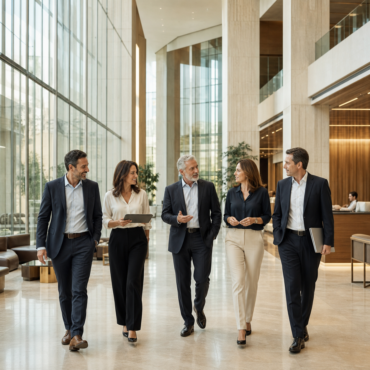 Equipe de especialistas caminhando em um ambiente empresarial